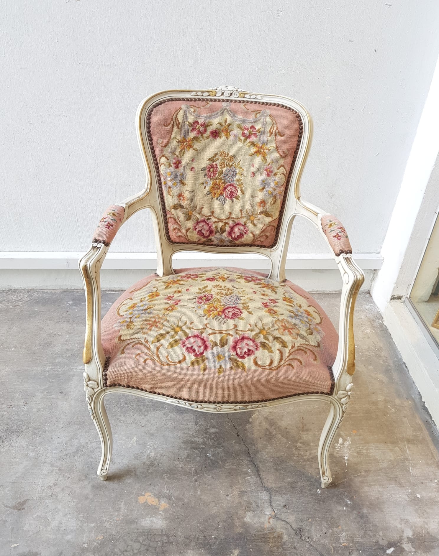 French Antique Louis XVI Style Chair Needlepoint & Petit Point