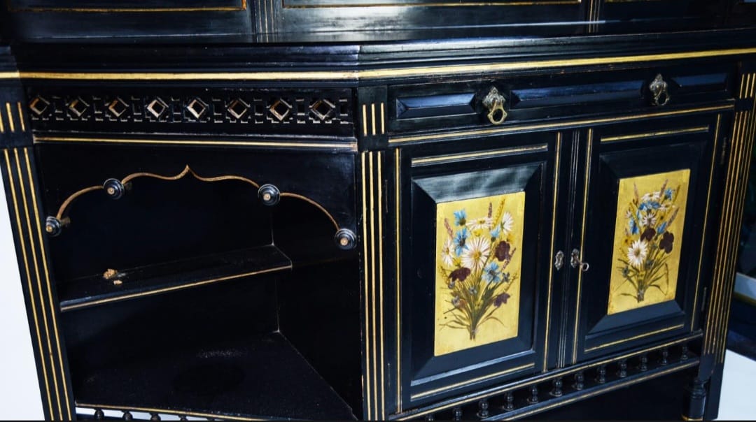 LATE VICTORIAN AESTHETICS MOVEMENT EBONISED AND PARCEL GILT MIRROR BACK SIDEBOARD/ Dresser - This is a rare late 19th century aesthetic movement ebonised sideboard. In the manner of Christopher Dresser.