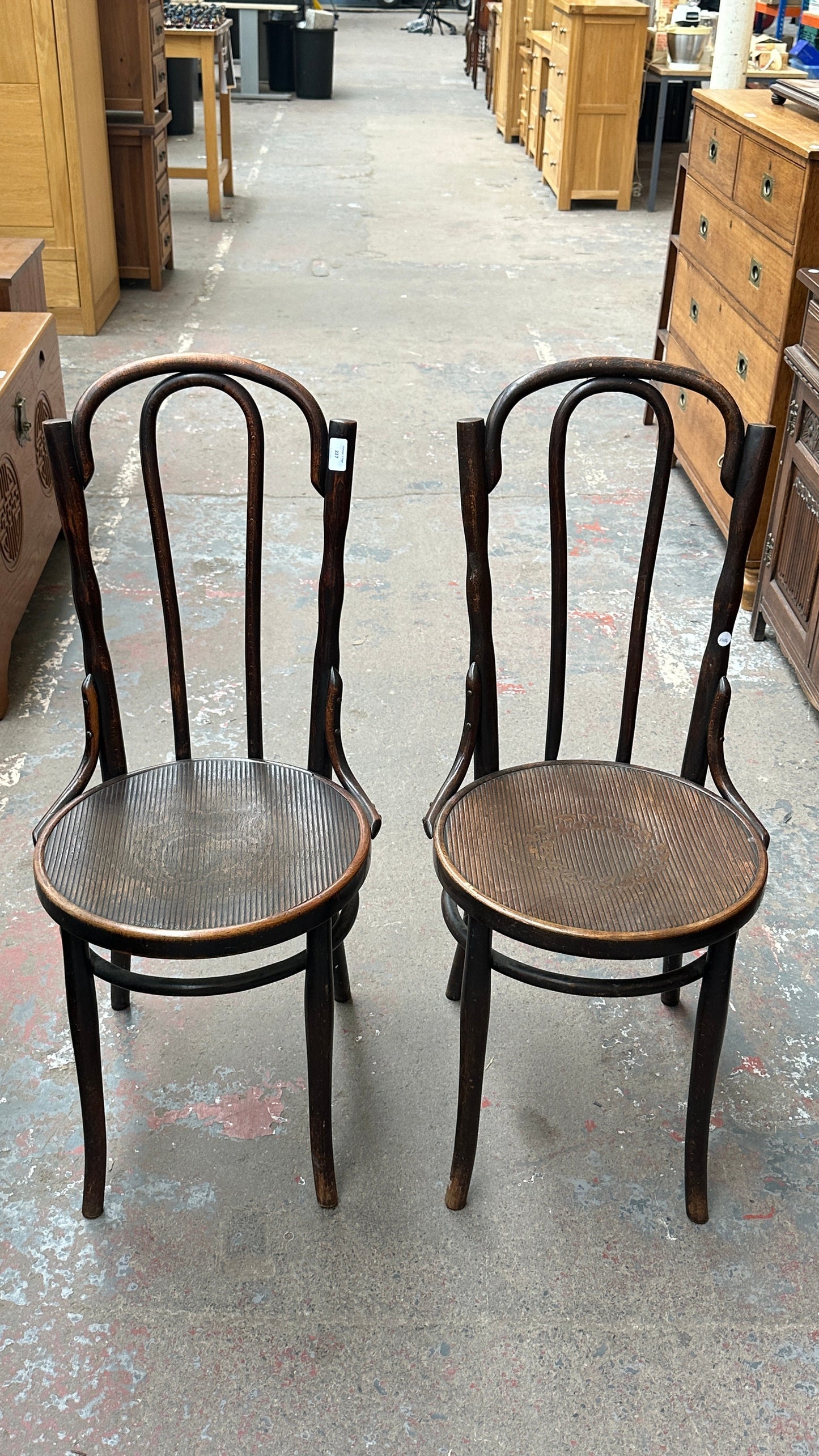 20th century Austrian Johann Kohn & Co. bentwood and embossed seated bistro dining chairs