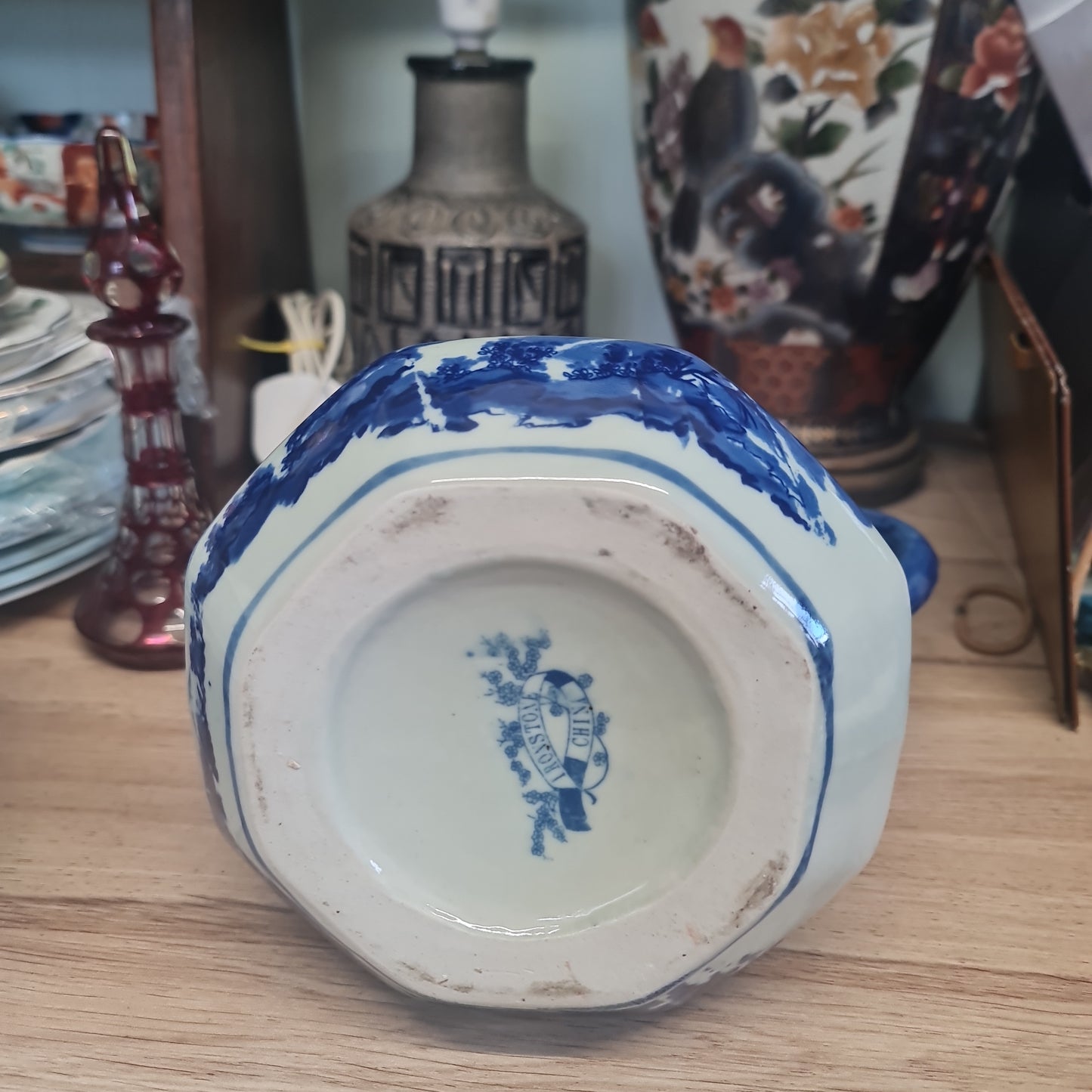 Ironstone blue and white jug 20cm tall