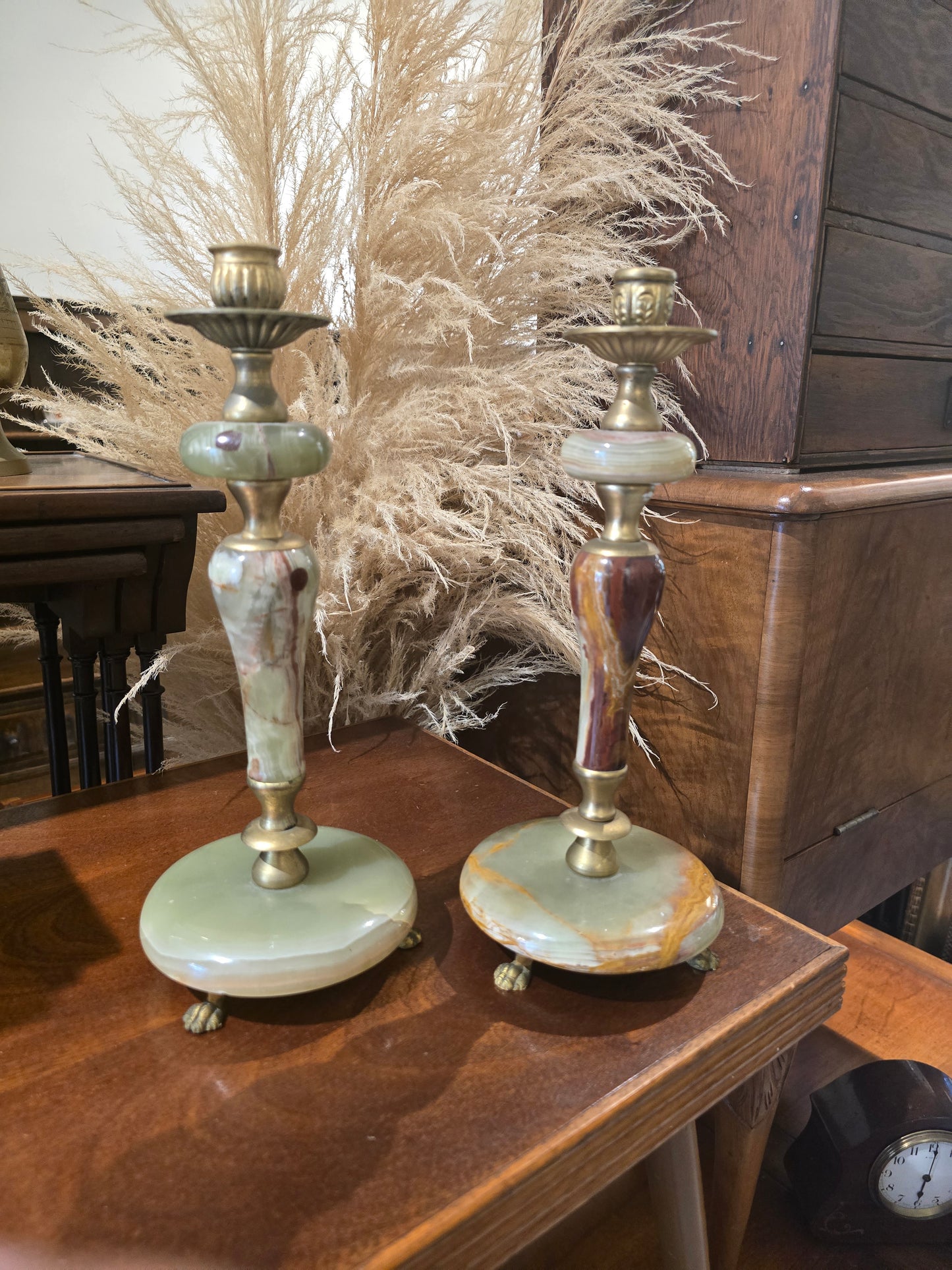 Pair of Green Onyx & Brass Candle Holders – Vintage Elegance