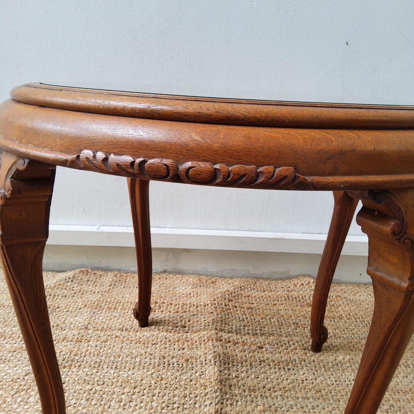FRENCH HANDCARVED OAK ROUND COFFEE TABLE With CANE TOP
