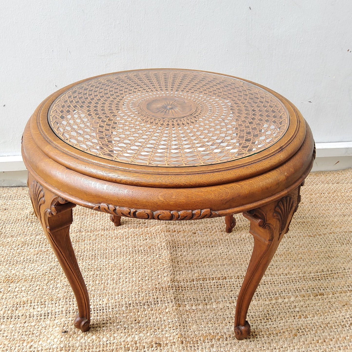 FRENCH HANDCARVED OAK ROUND COFFEE TABLE With CANE TOP