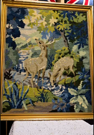 1966 Exqusite needle point of 2 dear by the stream
