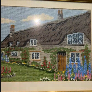 English Thatched Cottage with Hollyhocks : Needlepoint