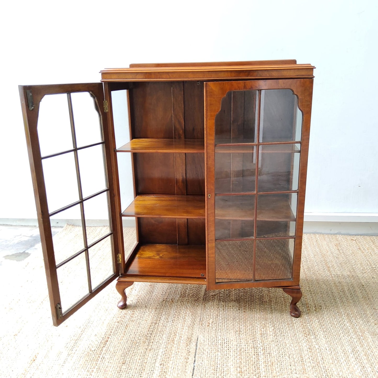 Vintage Walnut Display Cabinet on Queen Anne feet