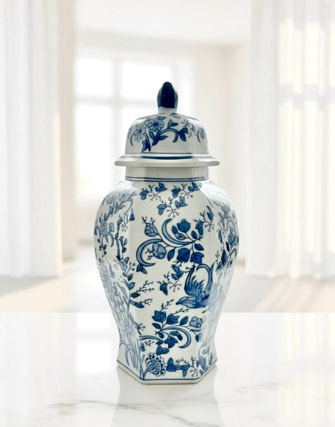 Beautiful Hexagon Floral blue and white ginger jar
