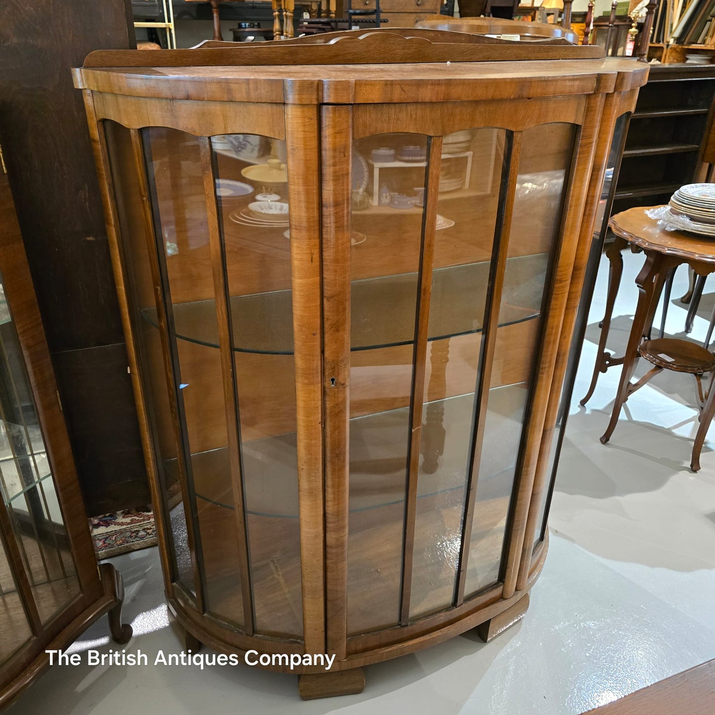 Vintage bow-front display cabinet with elegant craftmanship