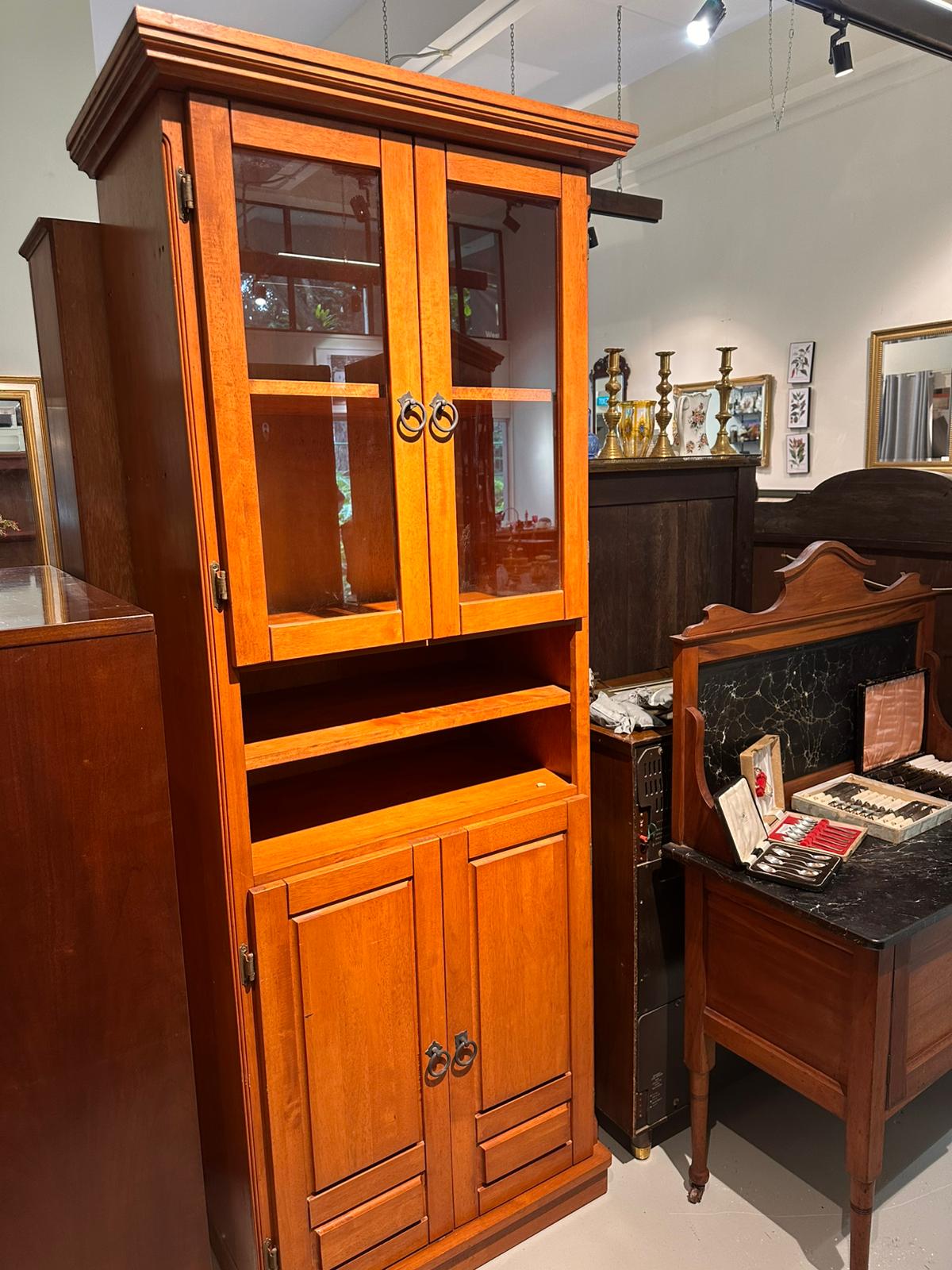 Vintage Honey Wood Step-Back Hutch & Display Cabinet