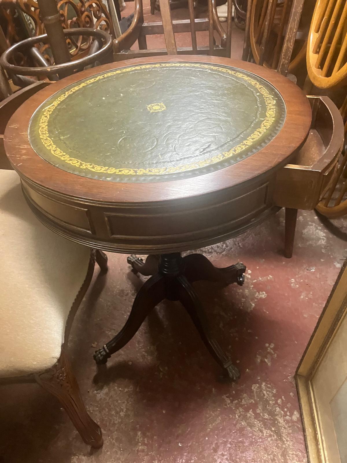 NEW ARRIVAL-Regency Mahogany Drum Table with Green Gold-Tooled Leather Top, c.1820