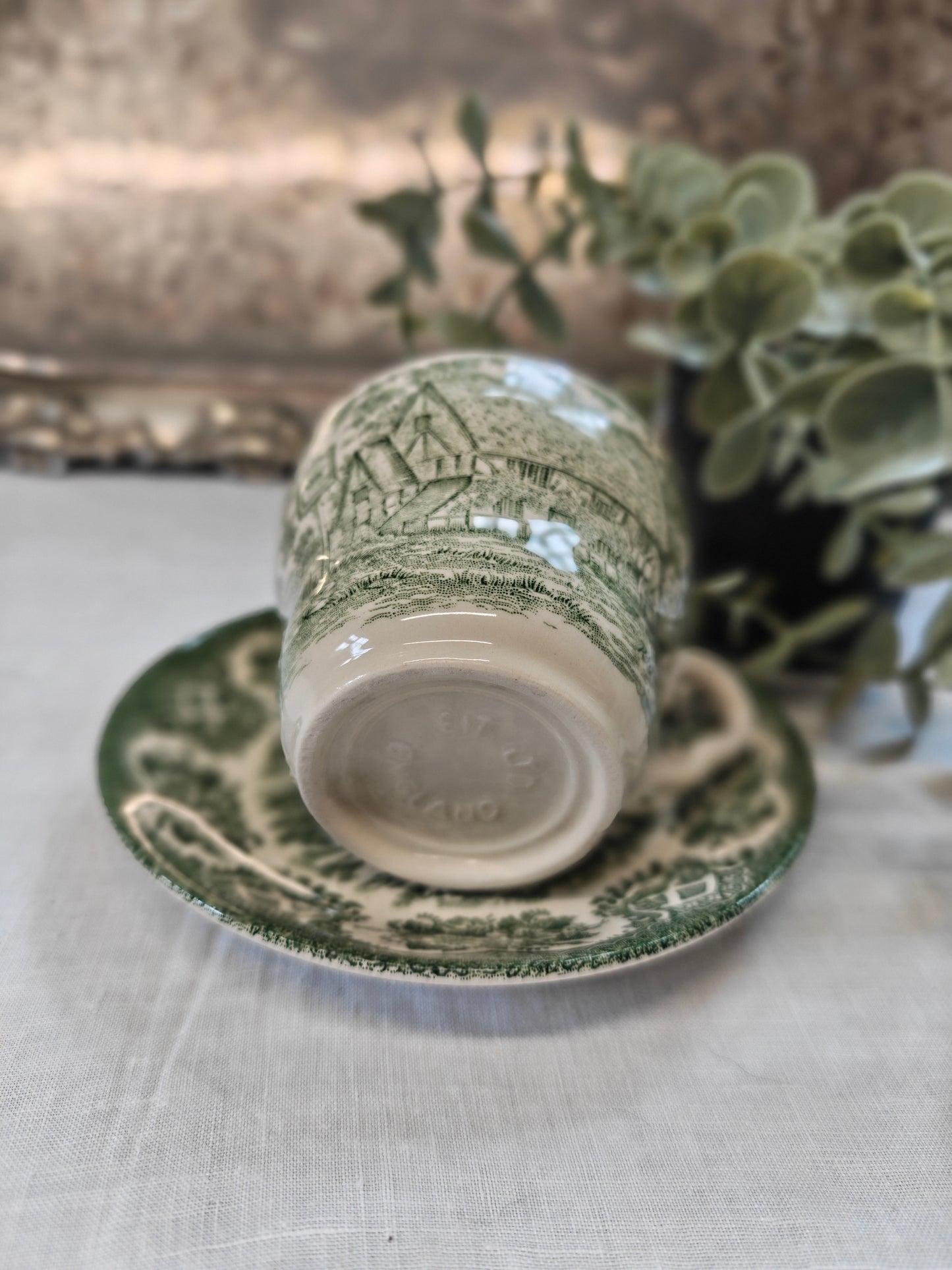 British ironstone green tranferware teaset