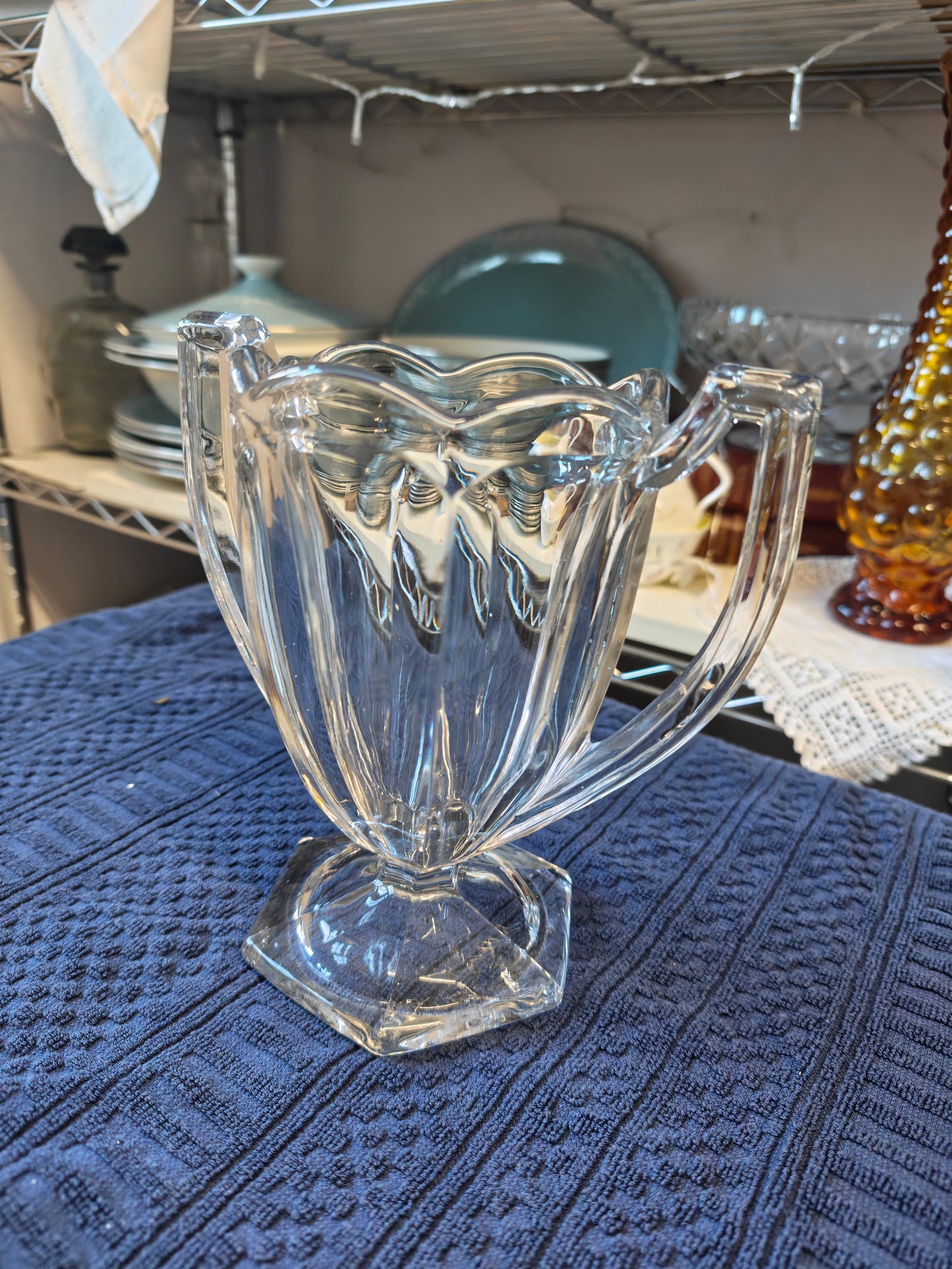 Impressive pressed glass vase was made by the British company George Davidson & Co. in the 1930s