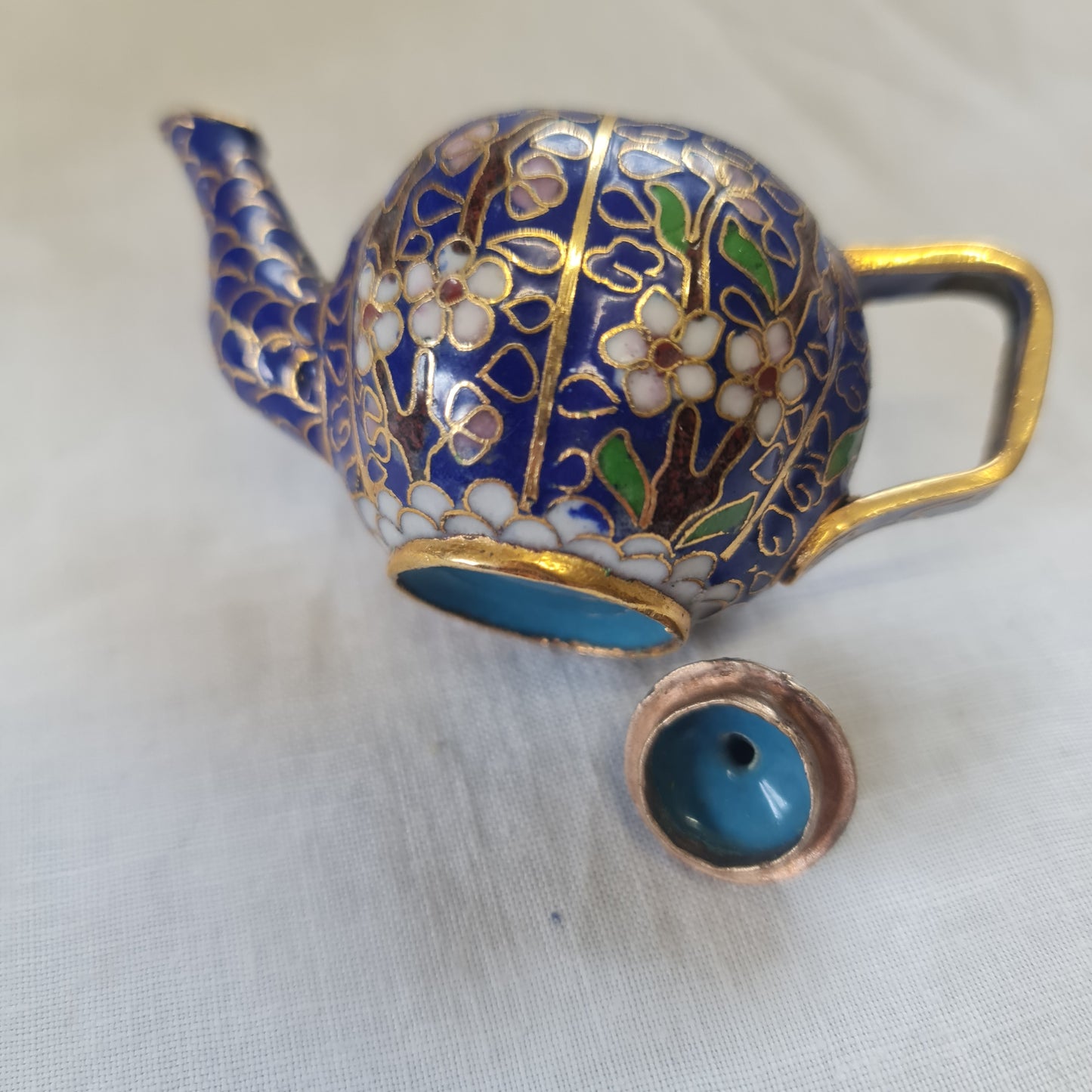 Cloisonné Ming Dynasty blue w/Flower. Beautiful miniature cloisonne teapot