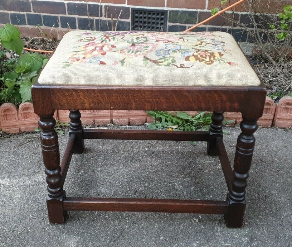 Antique Victorian Needlepoint Upholstered Solid Oak Stool