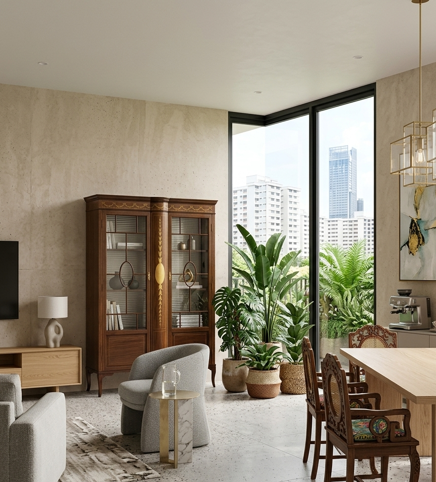 Singapore apartment interior blending an antique heritage display cabinet with modern open-plan living, styled by The British Antiques Company