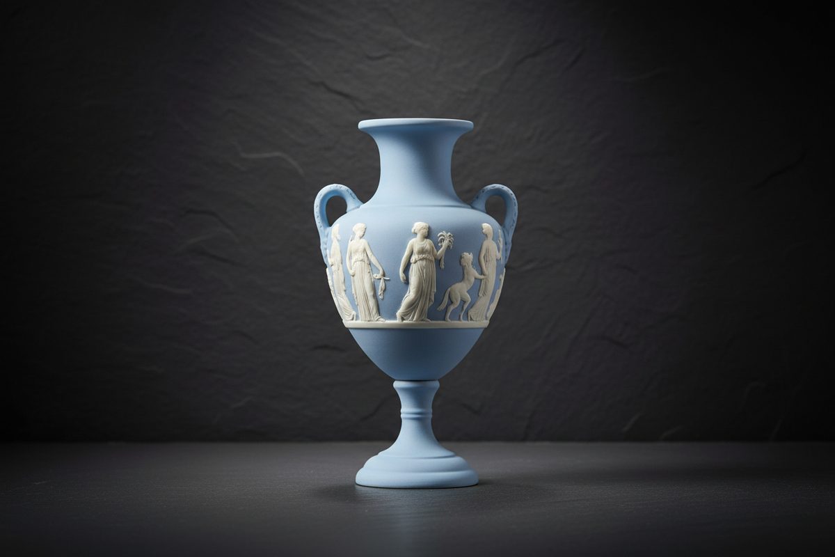 Collection of authentic antique Wedgwood jasperware in pale blue and dark blue with white classical relief figures