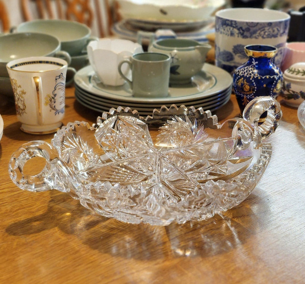 Waterford FINE CUT GLASS BOWLS Double-handled with four-part interior. minor chip on 1 small corner  L 33cm x D 24cm x h 6 cm