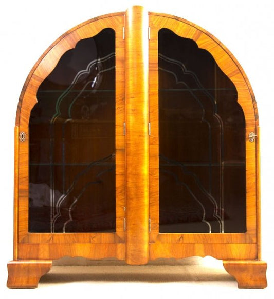 Antique Art Deco burr&nbsp;walnut&nbsp;domed&nbsp;display cabinet, circa 1920.