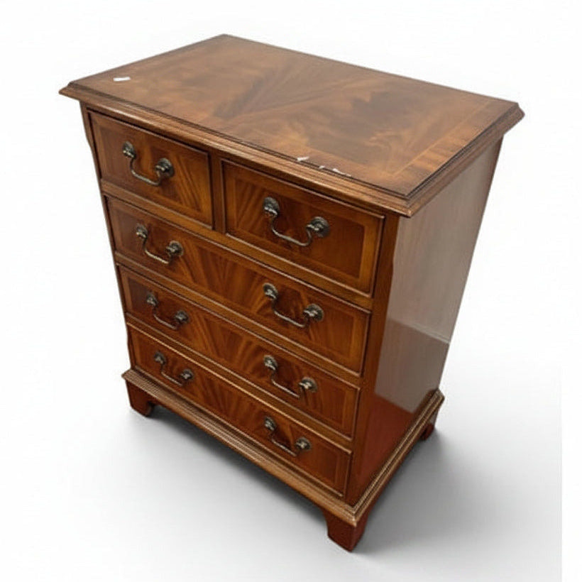 A vintage-style wooden chest of drawers with six drawers, featuring a rich cherry wood grain finish and dark metal handles, photographed on a white background.