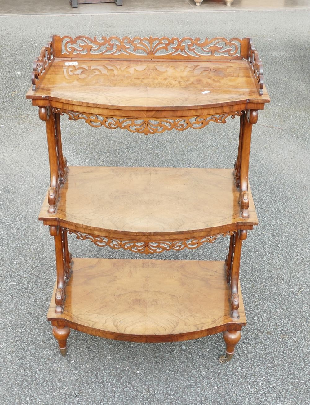 Victorian three tier burr walnut whatnot with intricate fretwork