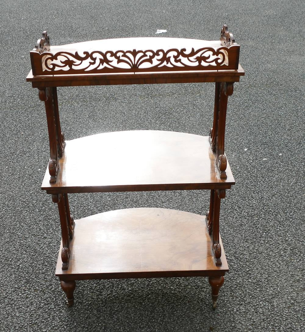 Victorian three tier burr walnut whatnot with intricate fretwork