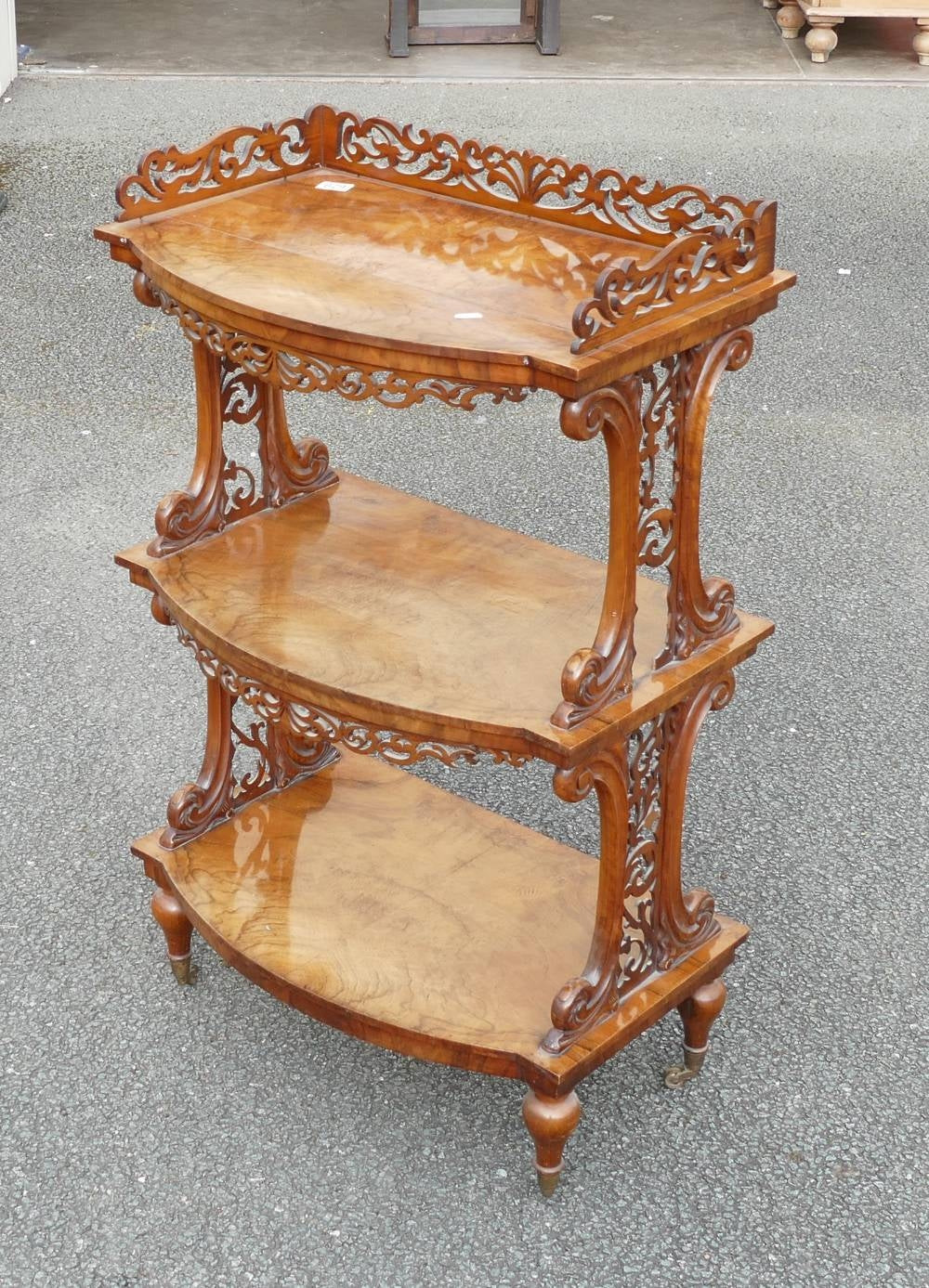 Victorian three tier burr walnut whatnot with intricate fretwork
