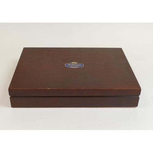 Vintage Cooper Ludlam stainless steel forty-four piece cutlery set, housed in a blue velvet-lined wooden cased box, with Rothmans Collection label on the box.