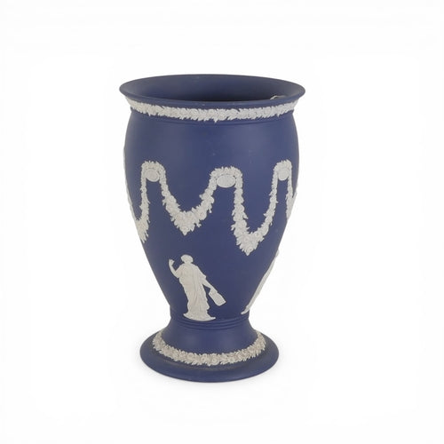 Wedgwood Portland Blue 'Bountiful' vase decorated with Neoclassical figures with garlands swags of flowers in white relief