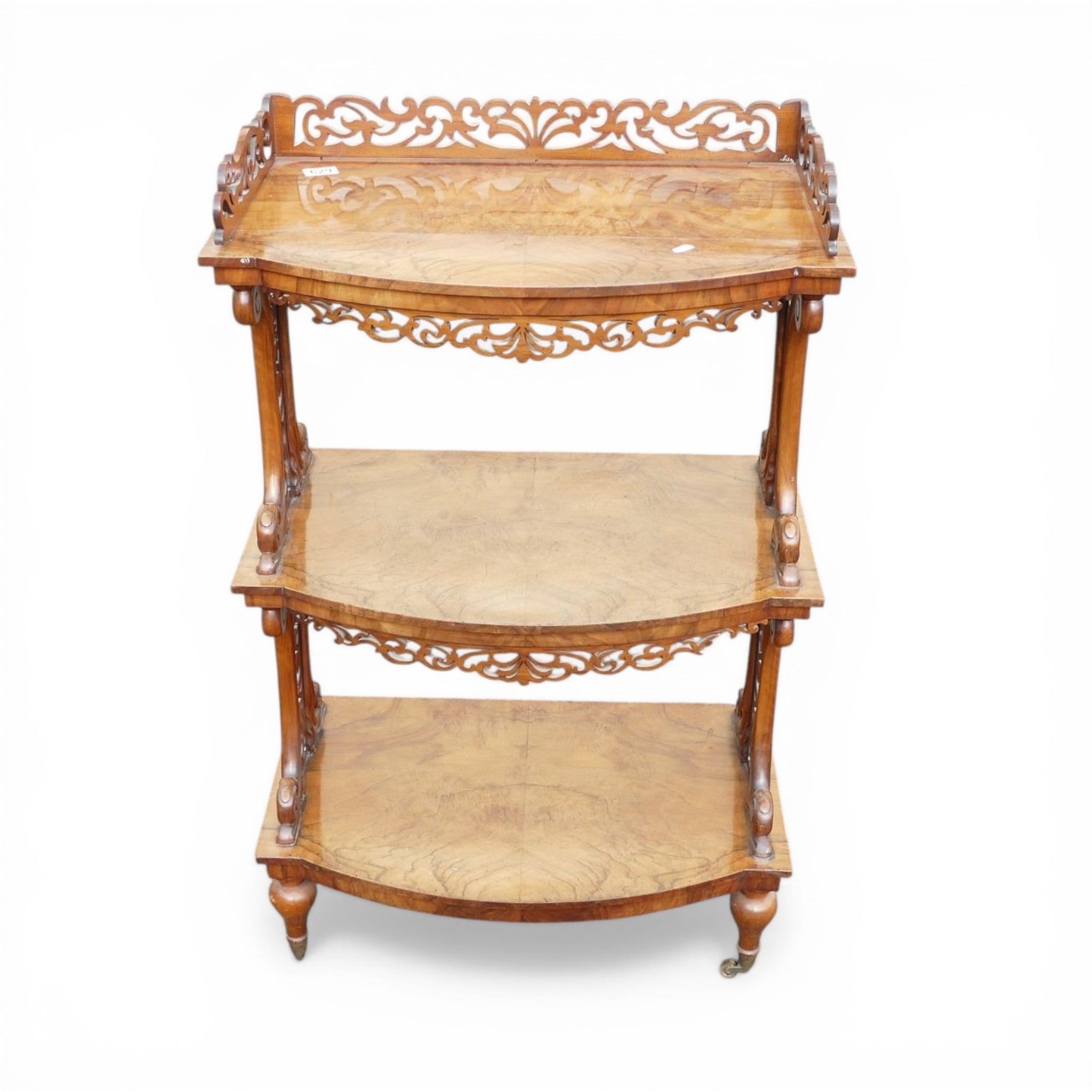 Victorian three tier burr walnut whatnot with intricate fretwork