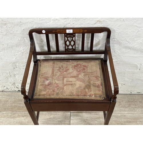 An Edwardian Inlaid Mahogany and Fabric Upholstered Piano Stool
