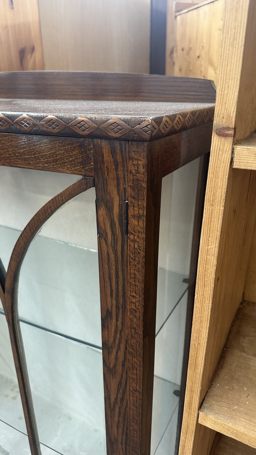 Early 20th century carved oak display cabinet with two glazed doors and cabriole supports