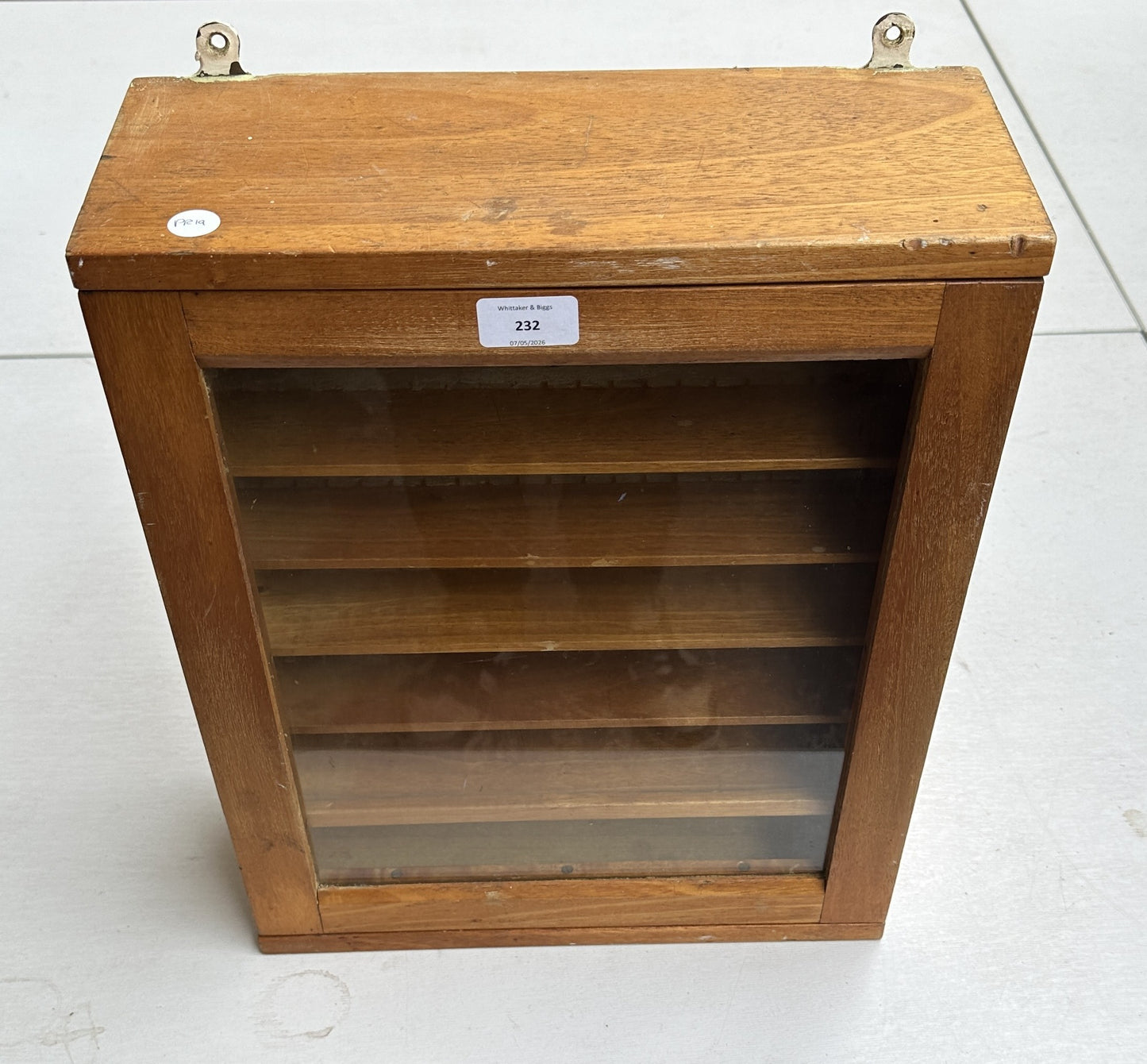 1970s beech wall hanging display cabinet with broad arrow mark to reverse -