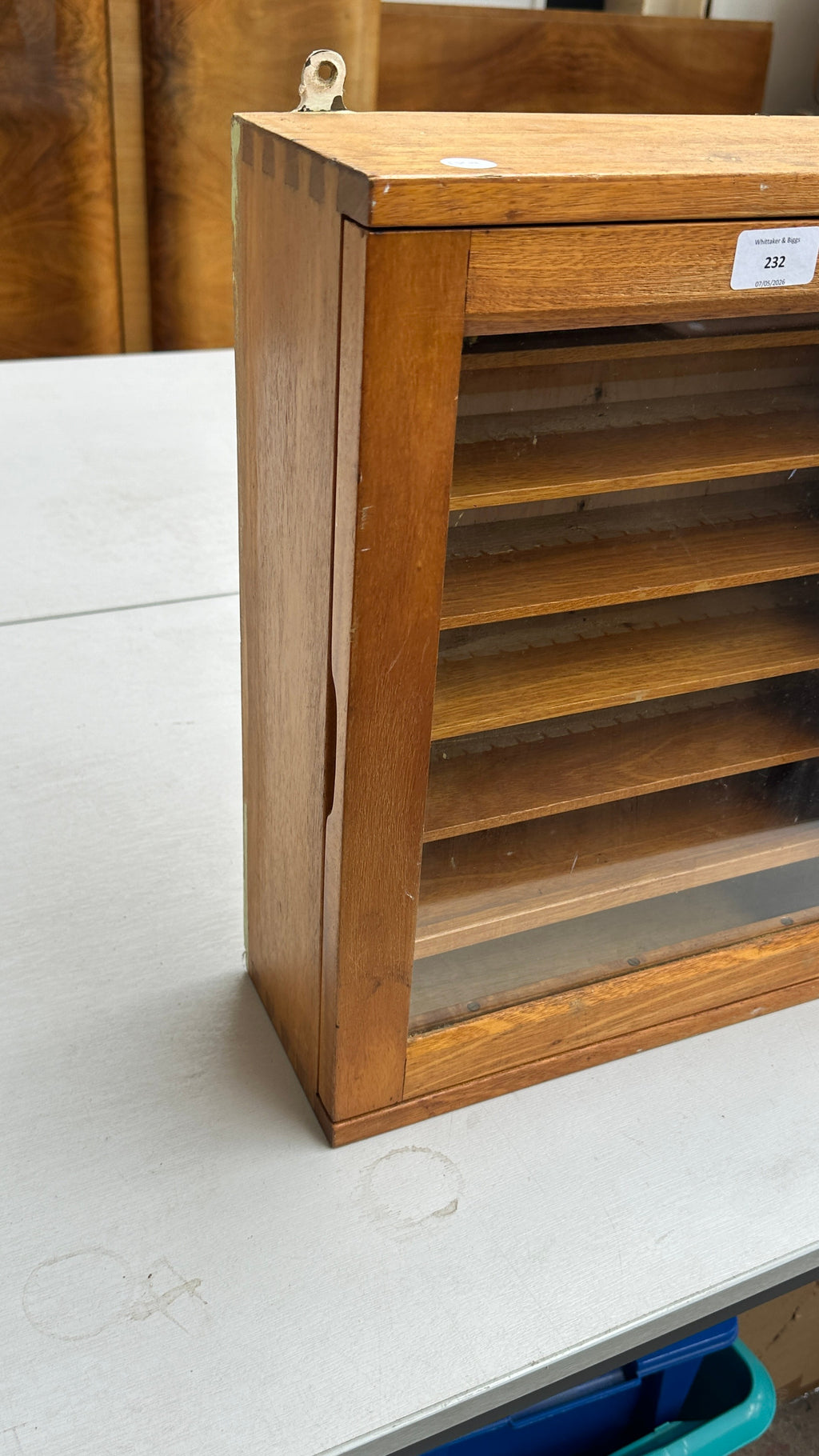 New Arrival-1970s beech wall hanging display cabinet with broad arrow mark to reverse