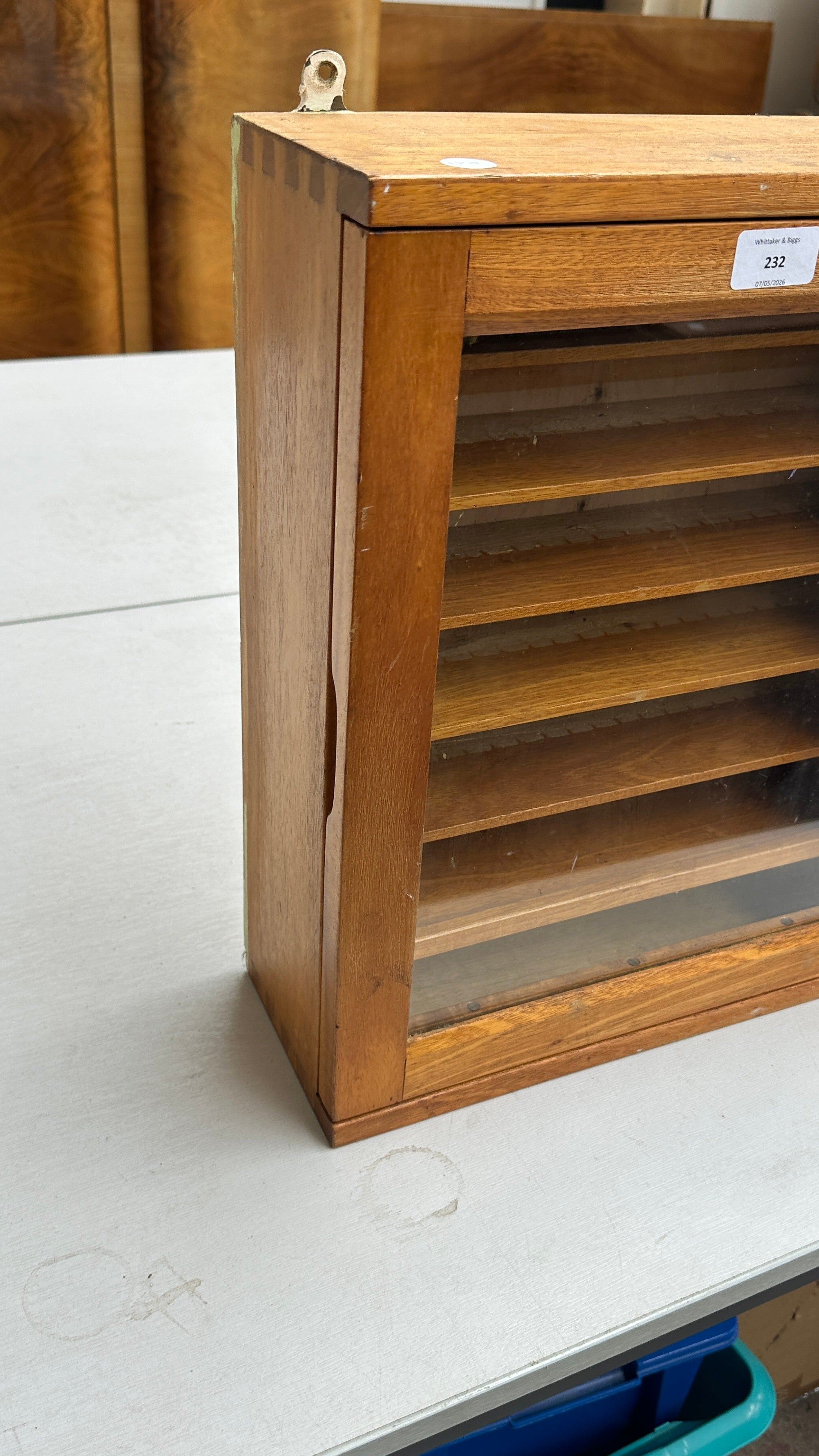 New Arrival-1970s beech wall hanging display cabinet with broad arrow mark to reverse