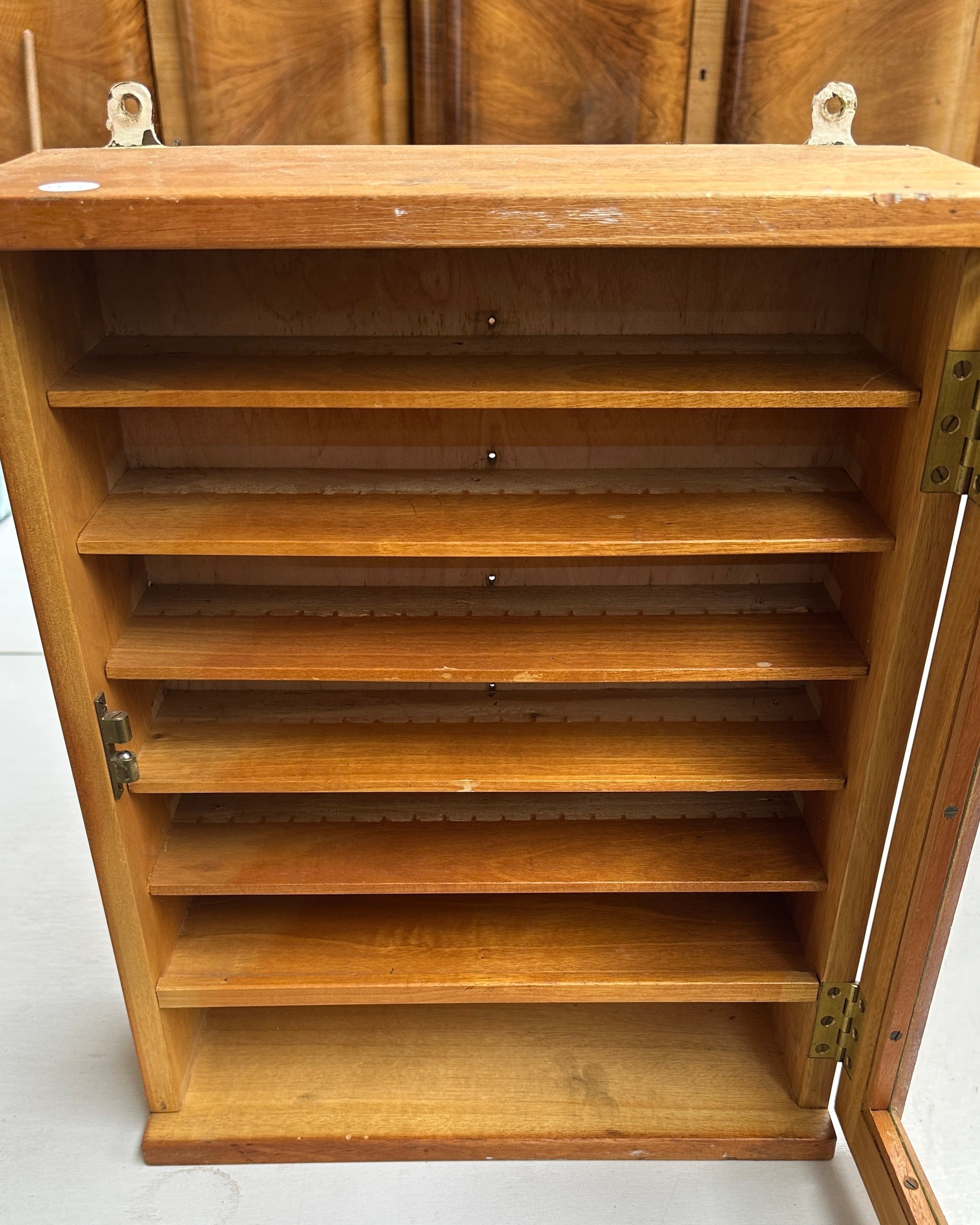 New Arrival-1970s beech wall hanging display cabinet with broad arrow mark to reverse