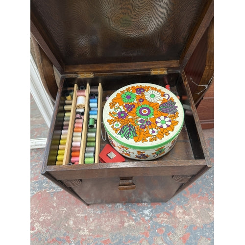 NEW ARRIVAL-Art Deco carved oak sewing cabinet with contents