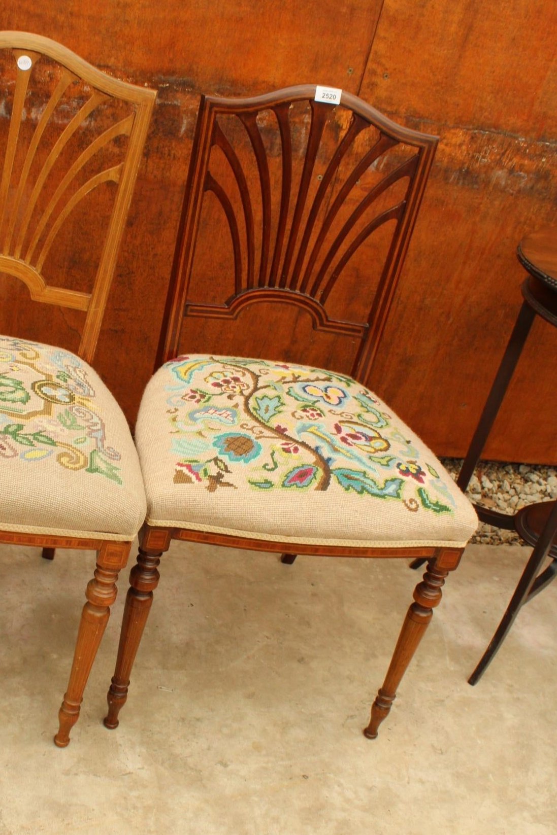 EDWARDIAN MAHOGANY AND INLAID BEDROOM CHAIRS WITH WOOLWORK SEATS