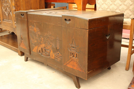 HARDWOOD BLANKET CHEST WITH CARVED PAGODAS, JUNKS AND TREES, 39" WIDE