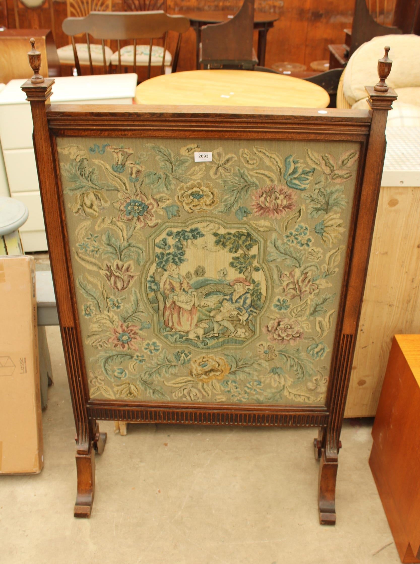 Antique Victorian Cheval Fire Screen with Figural Harvest Needlepoint Panel
