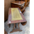 DROP LEAF TABLE WITH LYRE ENDS AND INSET CENTRE TOP.