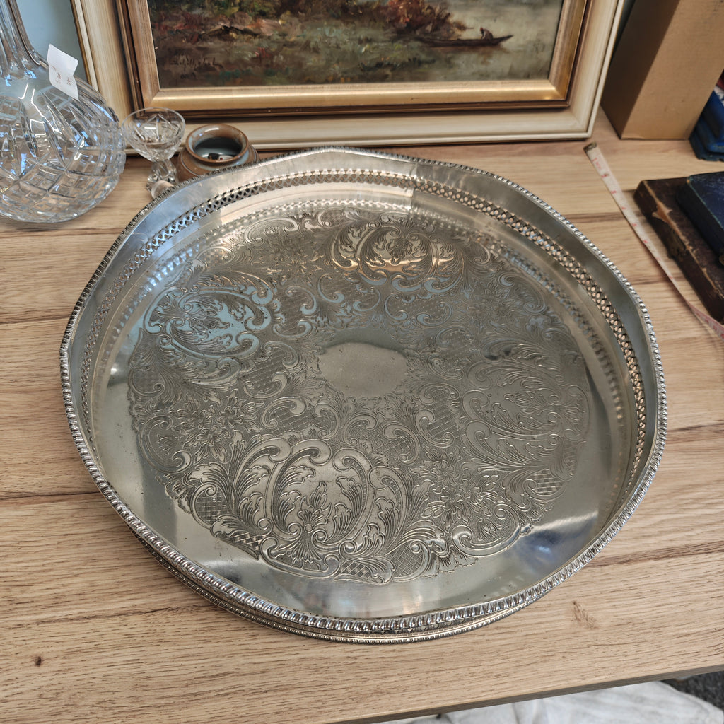 Antique Silver plated over copper with claw foot good quality round serving tray