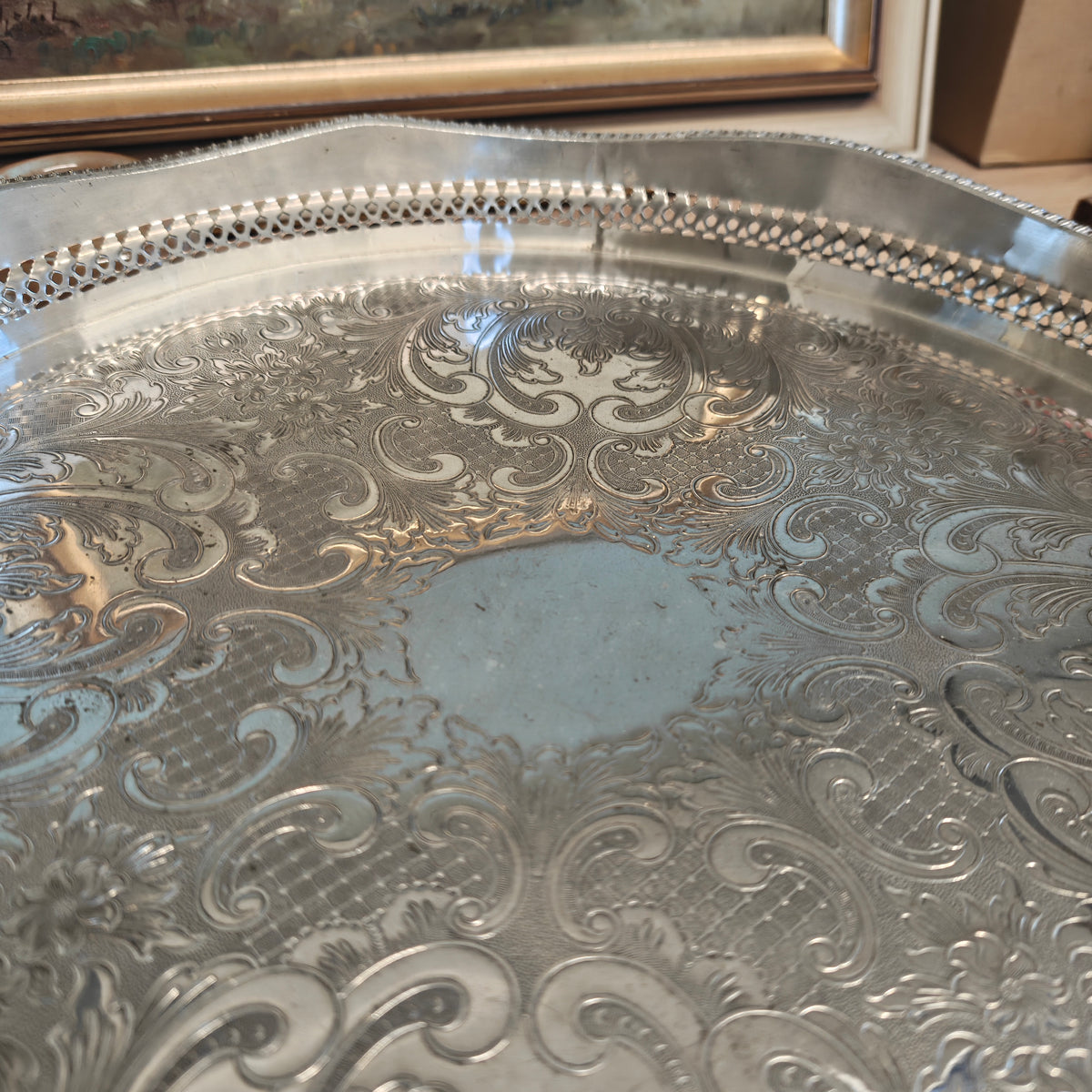 Antique Silver plated over copper with claw foot good quality round serving tray