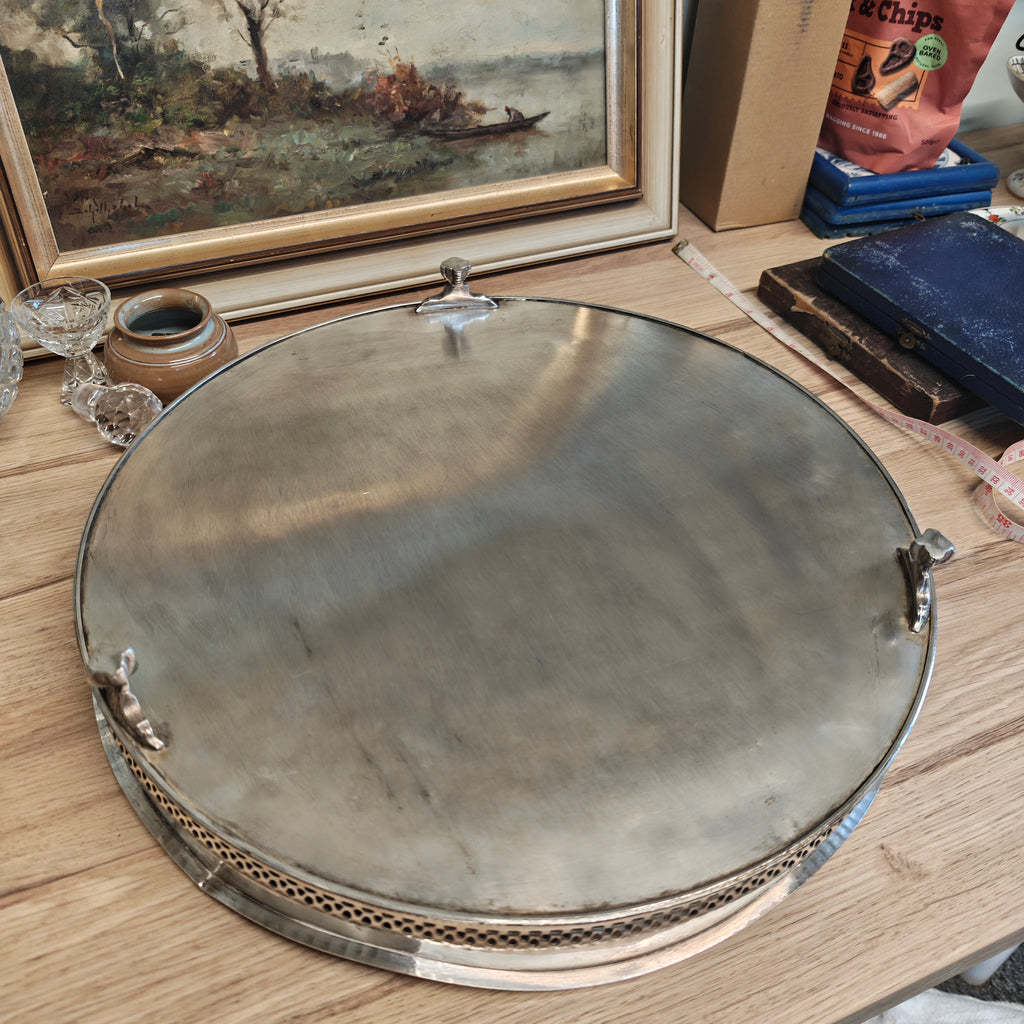 Antique Silver plated over copper with claw foot good quality round serving tray