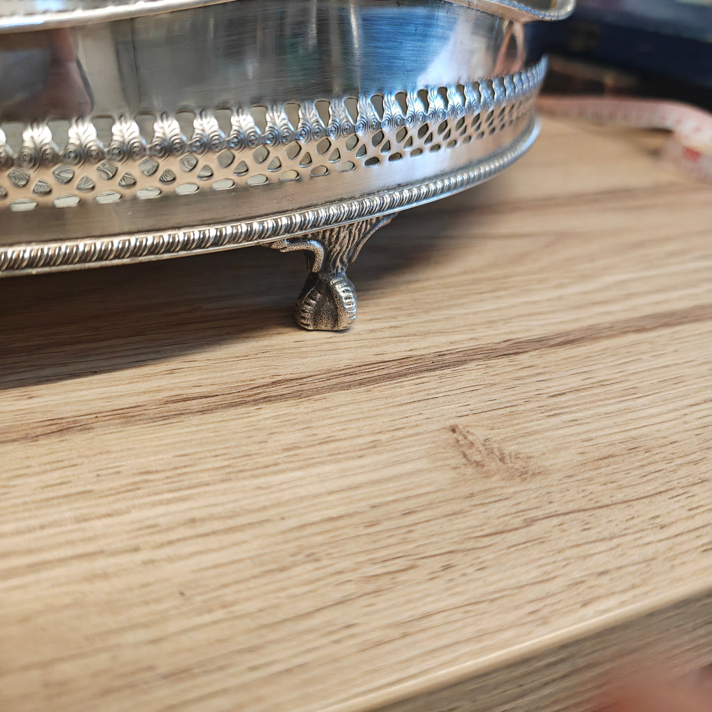 Antique Silver plated over copper with claw foot good quality round serving tray