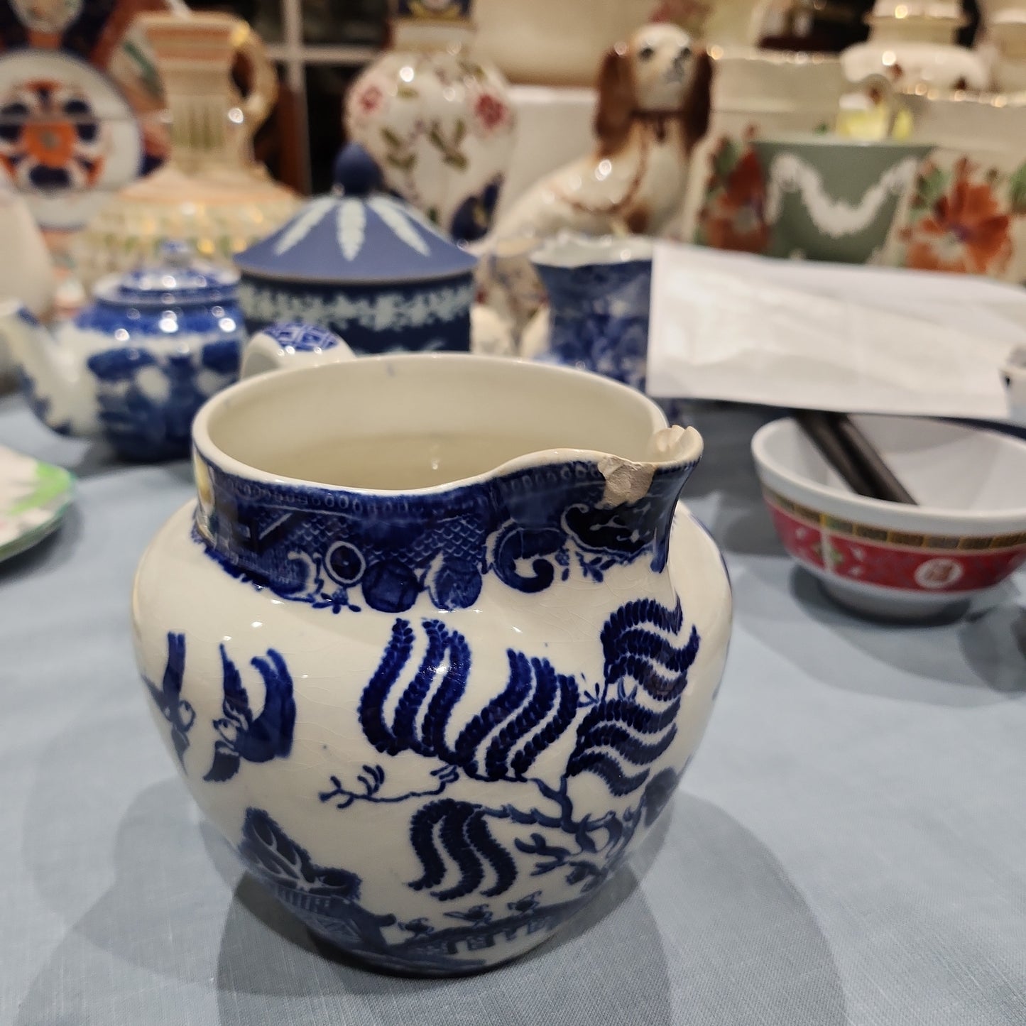 Watkins Willow blue and white jug -defect