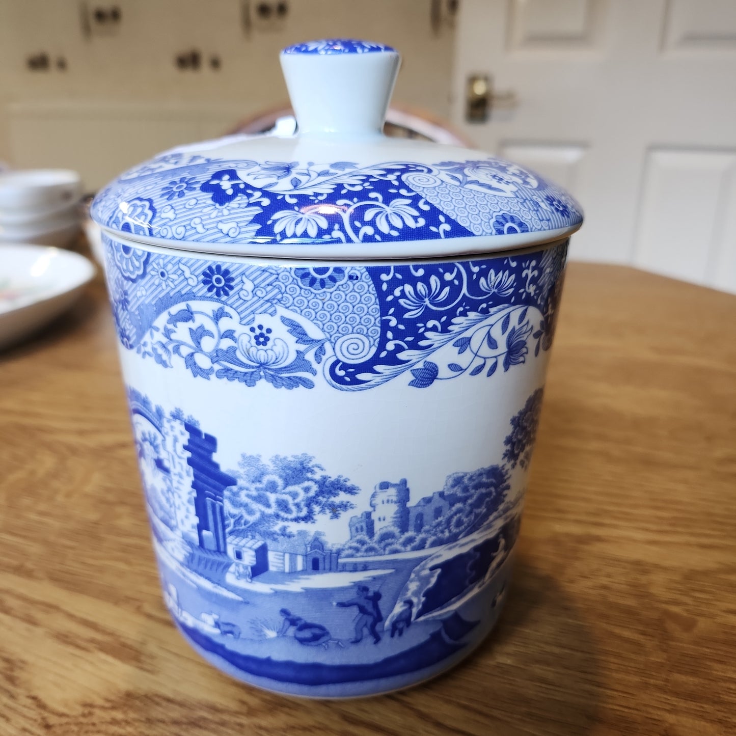 Spode blue Italian canister wuth air tight lid