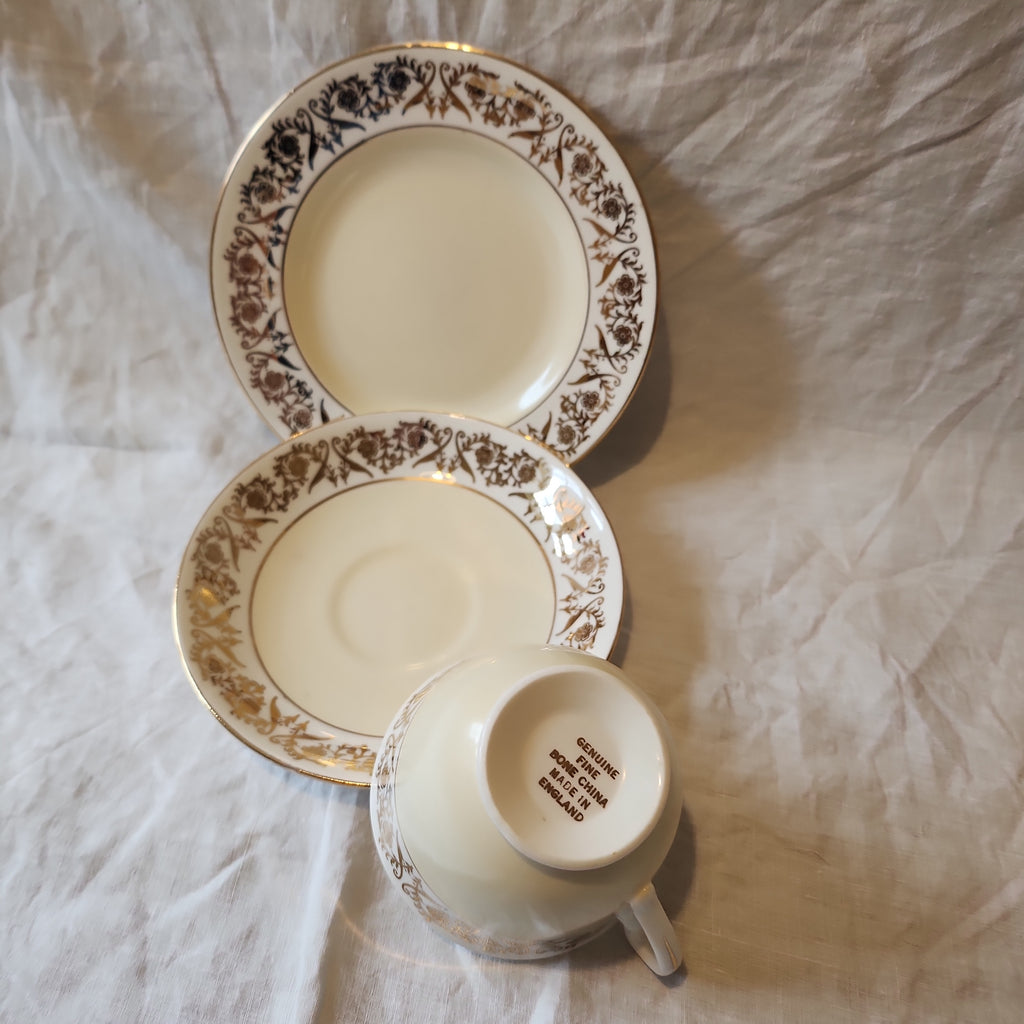 Vintage yellow and gold fine bone china tea set trio