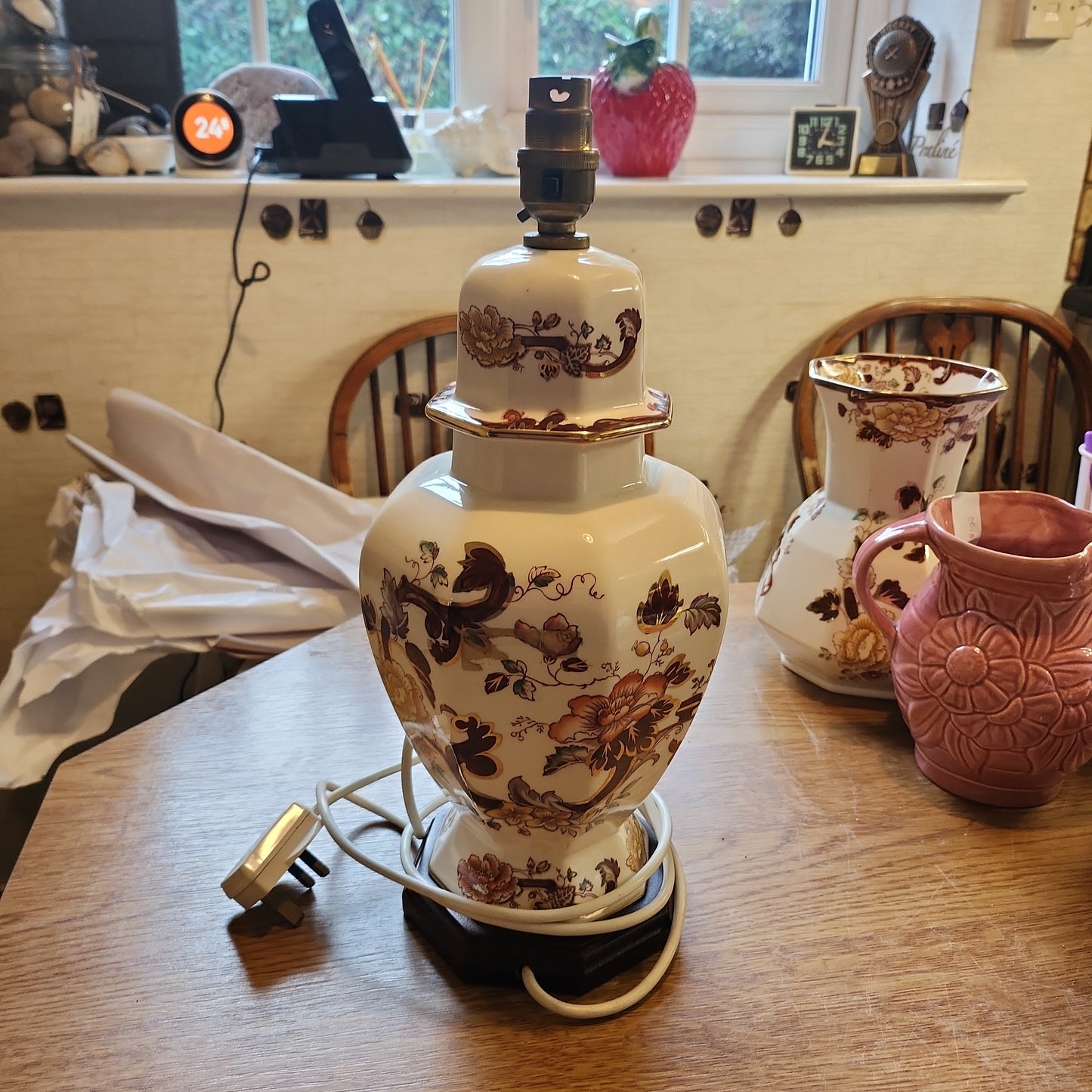 Antique Mason Handpainted Brown Velvet big table lamp