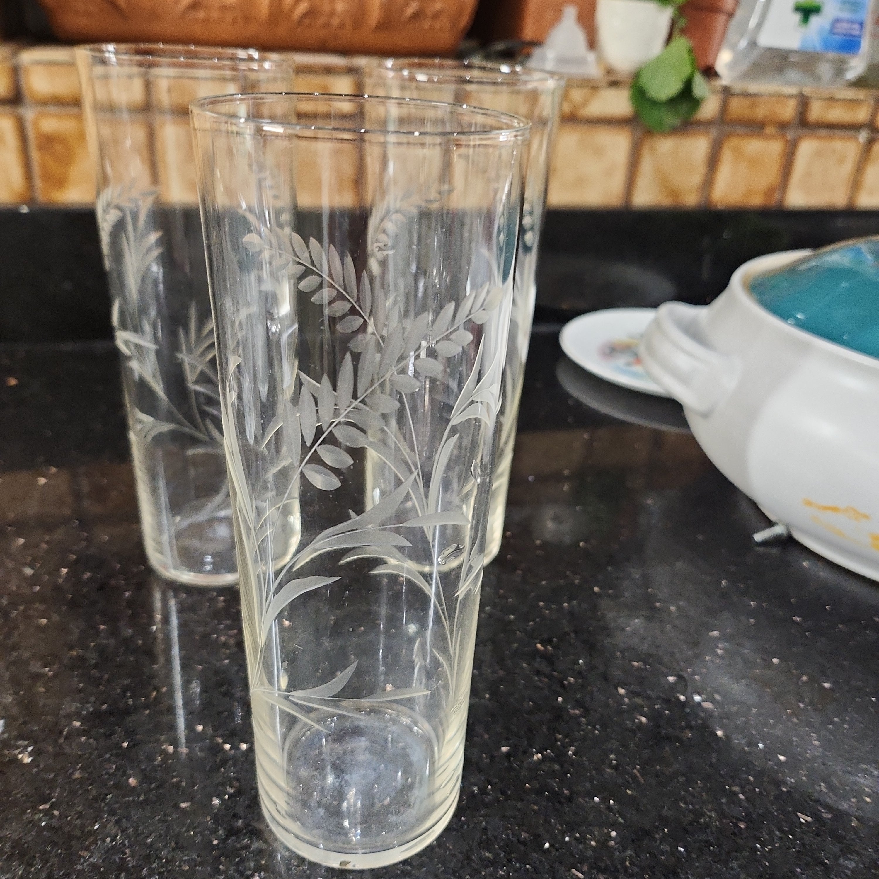 Vintage tall drink glass with etching