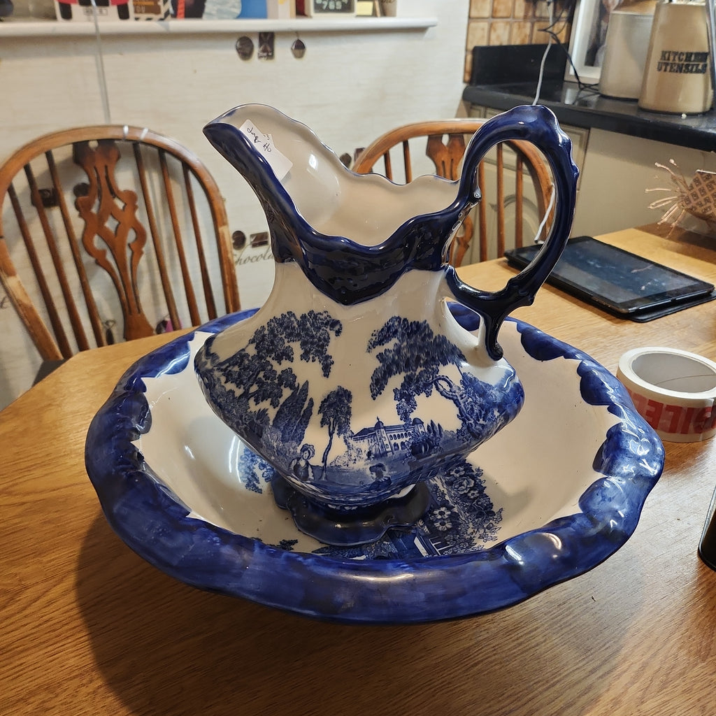 Victorian rare Staffordshire blue and white jug and Bowl